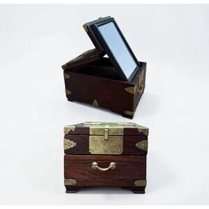 1930s Vintage Chinese Hardwood Traveling Vanity Shaving Mirror Box & Drawer 11”